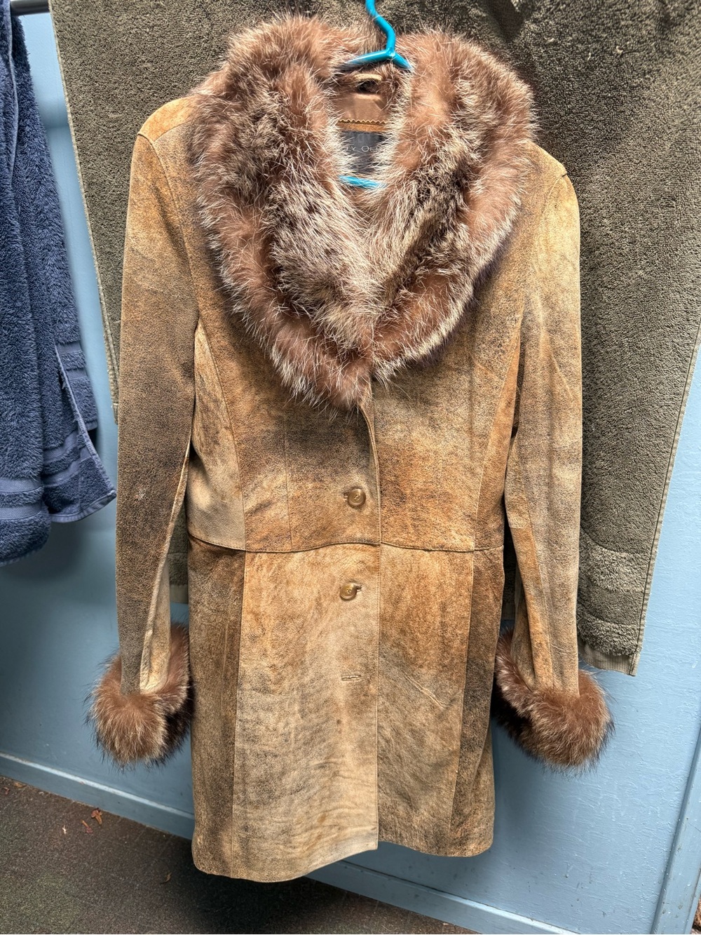Classic Brown Suede Coat with Fur Trim